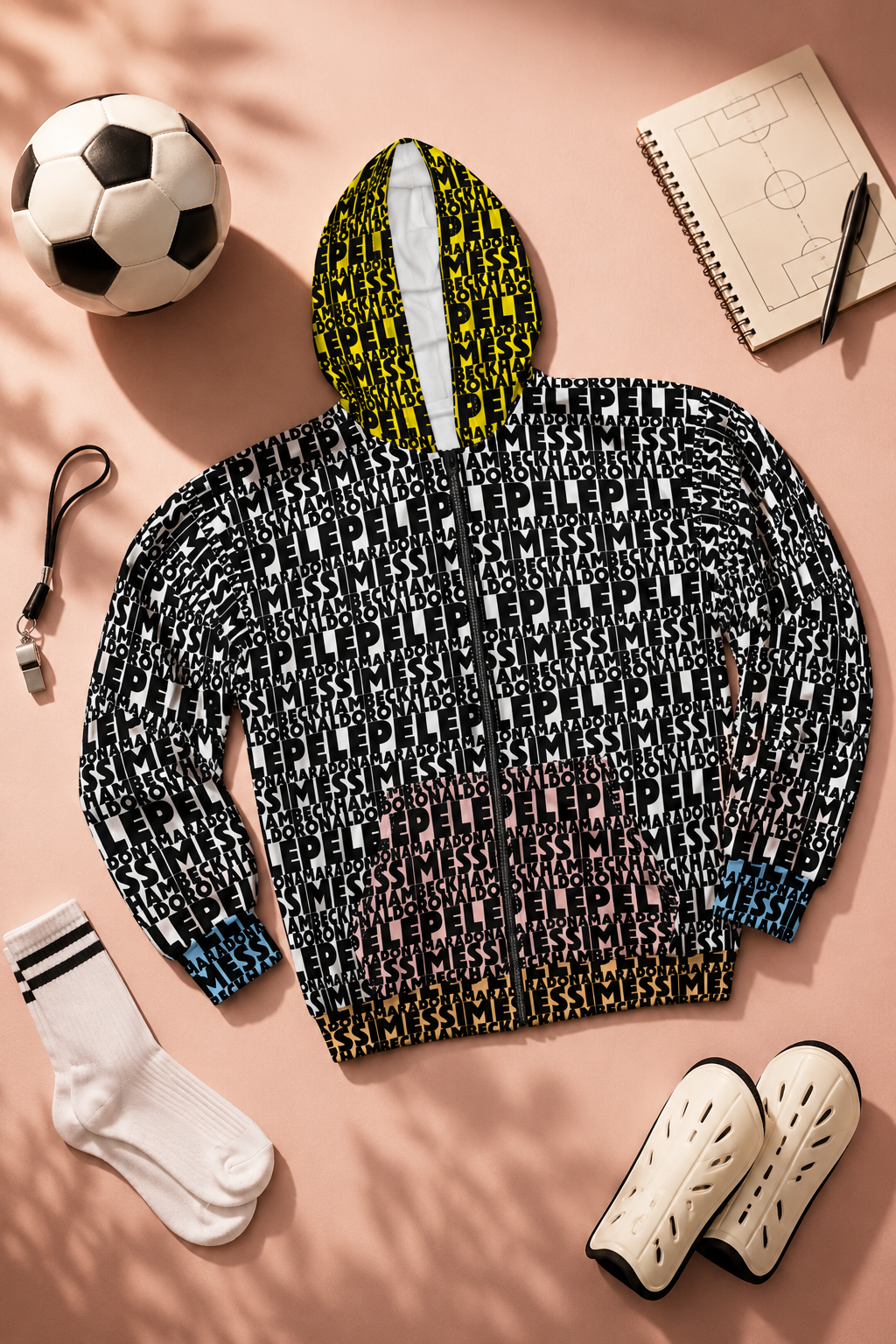 Front-view flat lay of the Soccer Legends zip hoodie with soccer accessories on a pastel peach background
