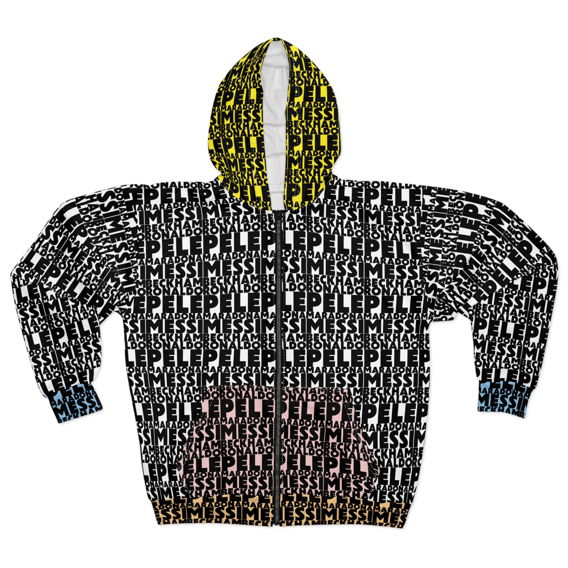 Front product view of the Soccer Legends zip hoodie featuring football icon typography