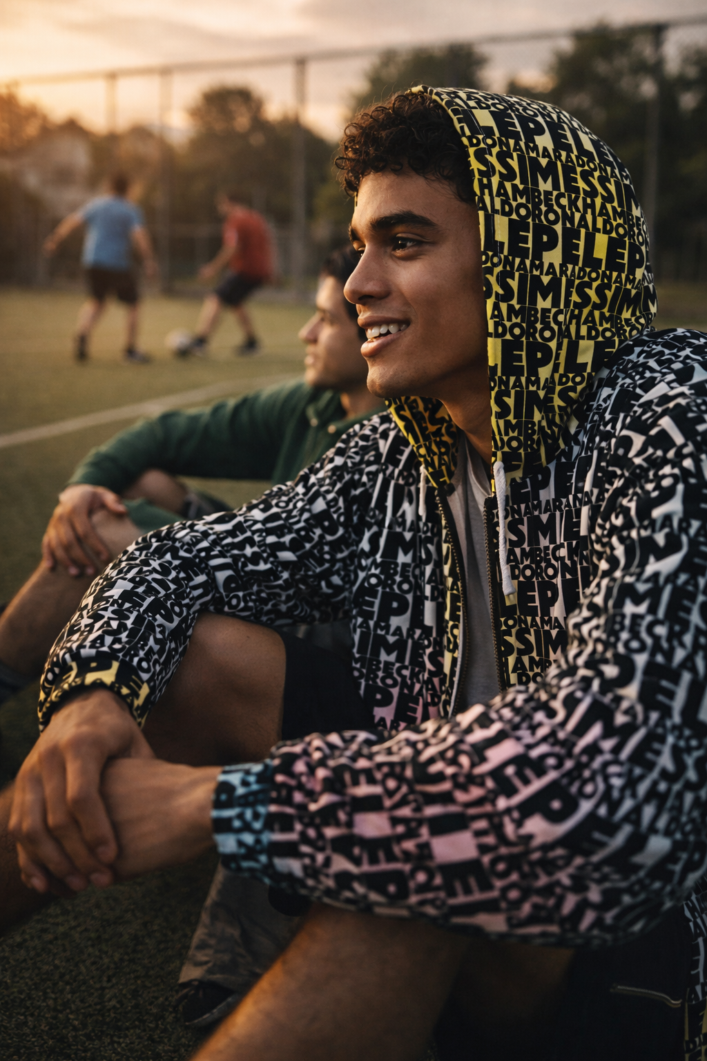 Young man wearing the Soccer Legends zip hoodie while relaxing beside a soccer field