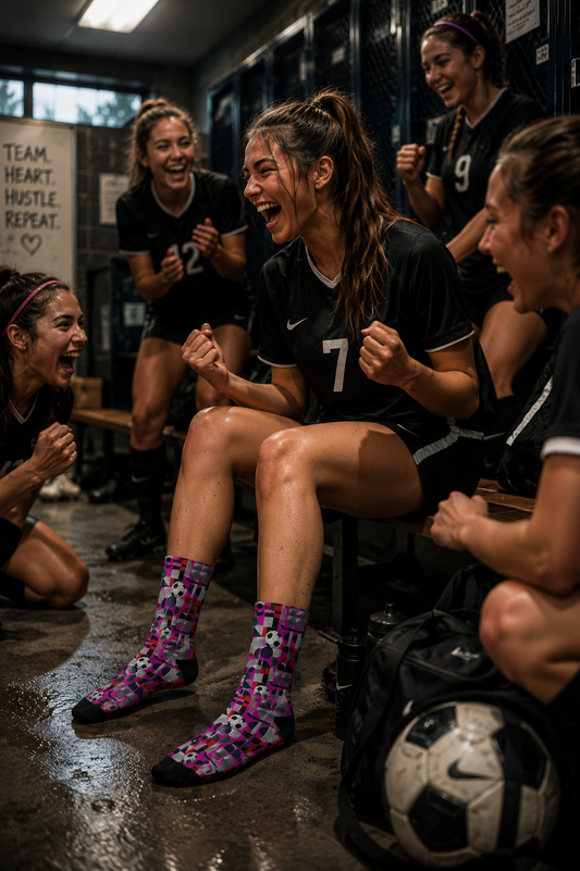 Female soccer players celebrating in a locker room wearing FIFA World Cup 2026 soccer fan crew socks with colorful geometric football pattern.