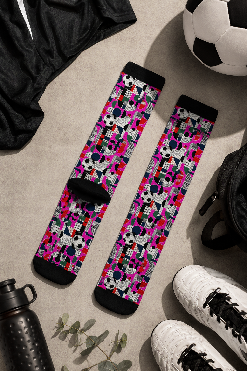 Editorial flat lay of FIFA World Cup 2026 soccer fan crew socks with football-inspired accessories.