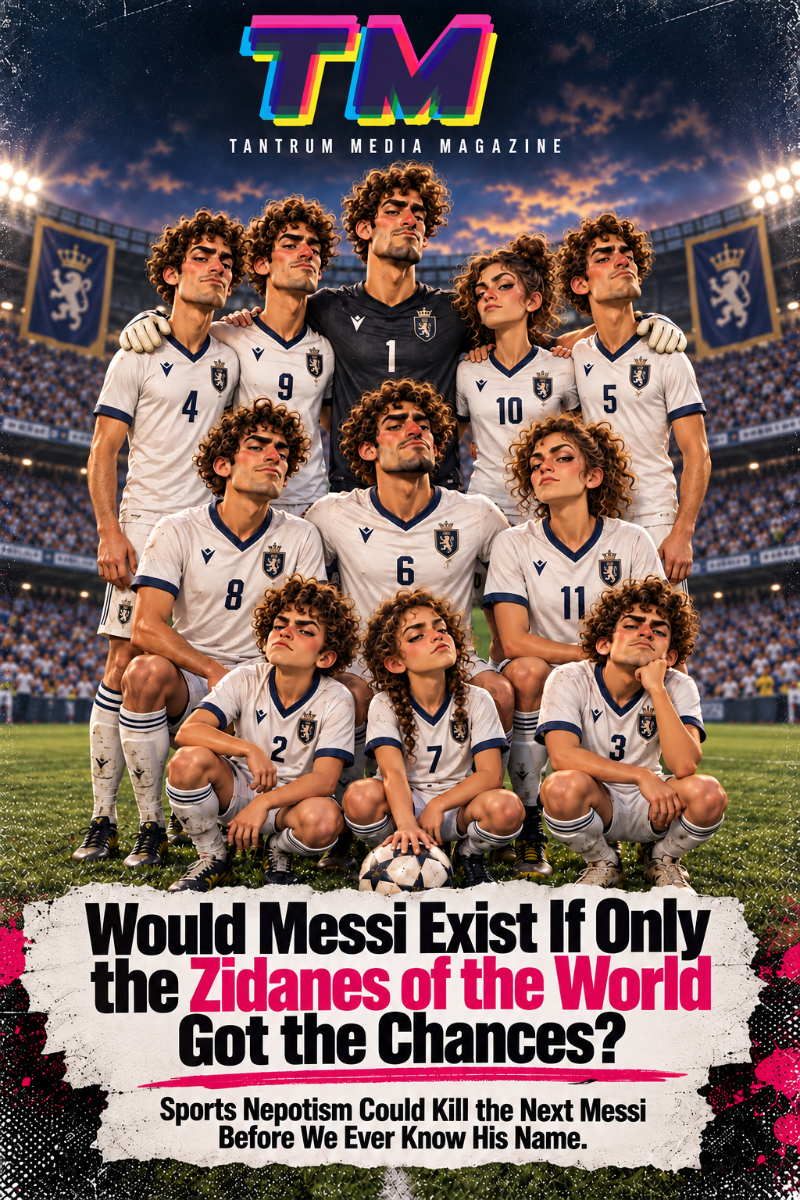 Tantrum Media Magazine sports nepotism editorial cover featuring a satirical soccer team of related-looking players in a stadium.