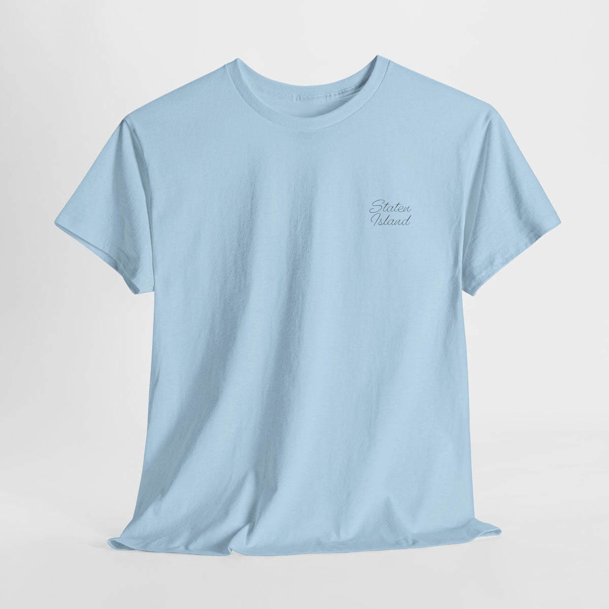 Front view of a light blue crewneck T-shirt with small Staten Island script lettering on the left chest.