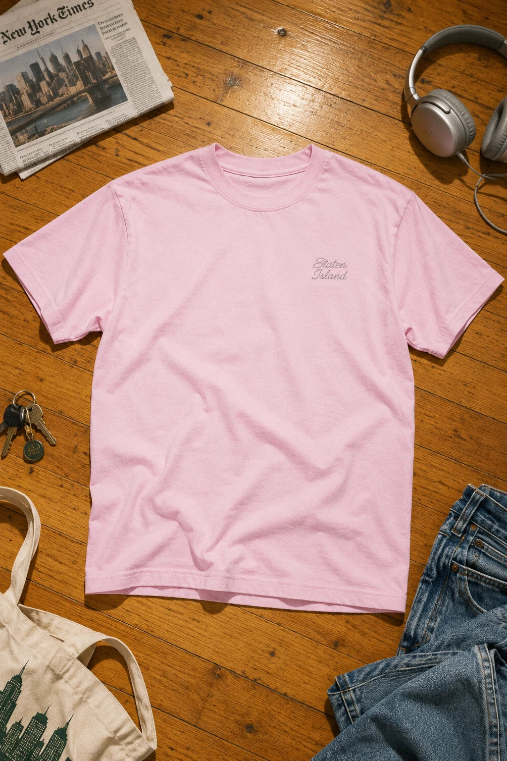 Pink Staten Island script T-shirt laid flat on a wooden floor beside headphones, a newspaper and jeans.