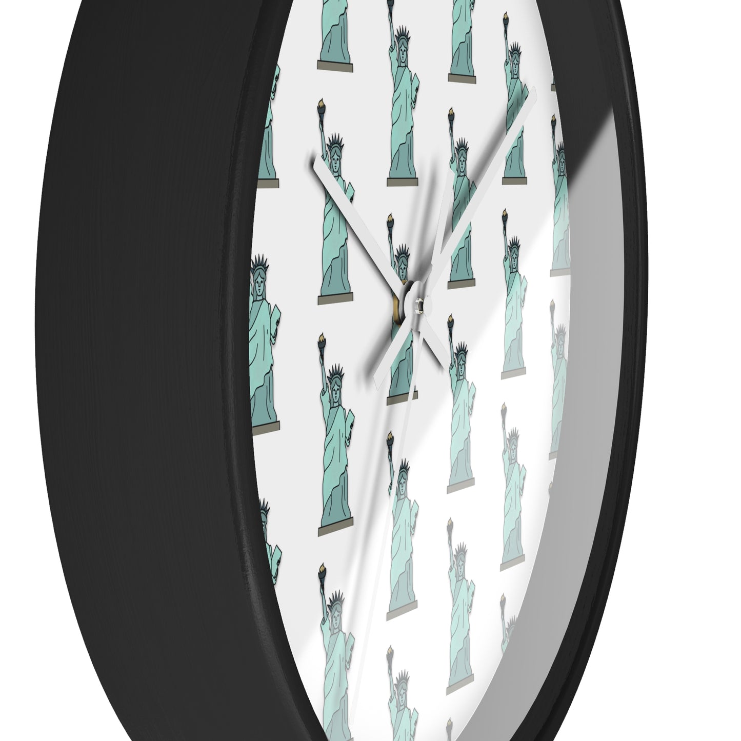 Side detail of the Lady Liberty wall clock with a modern black frame
