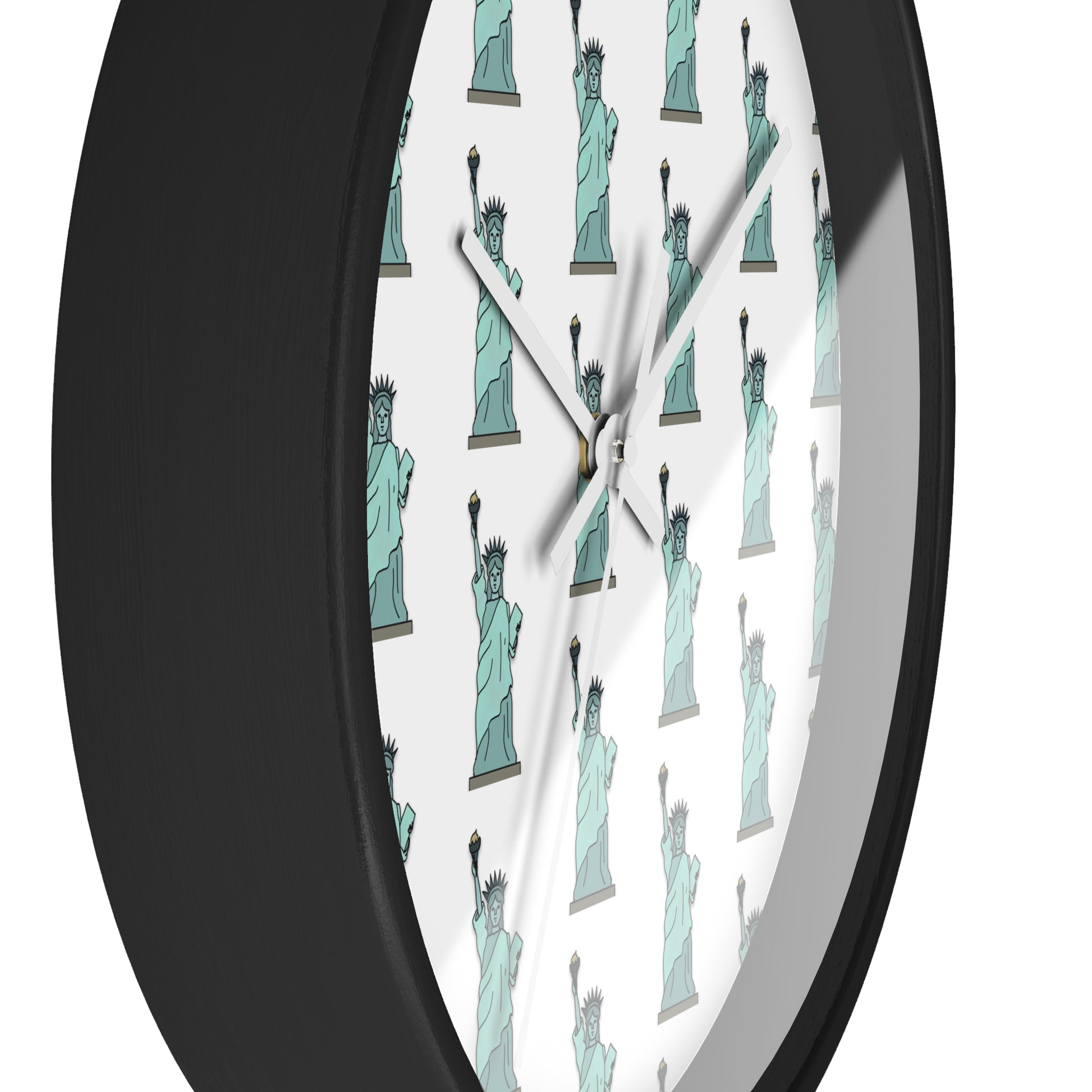 Side detail of the Lady Liberty wall clock with a modern black frame