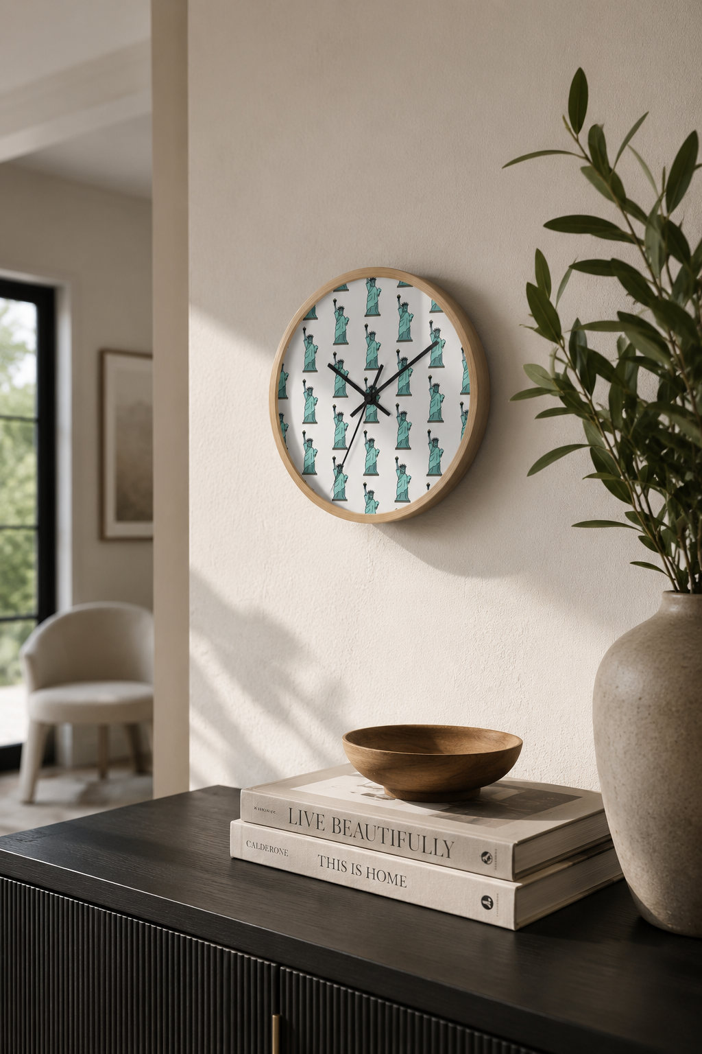 Statue of Liberty wall clock displayed above a modern black console in a contemporary home