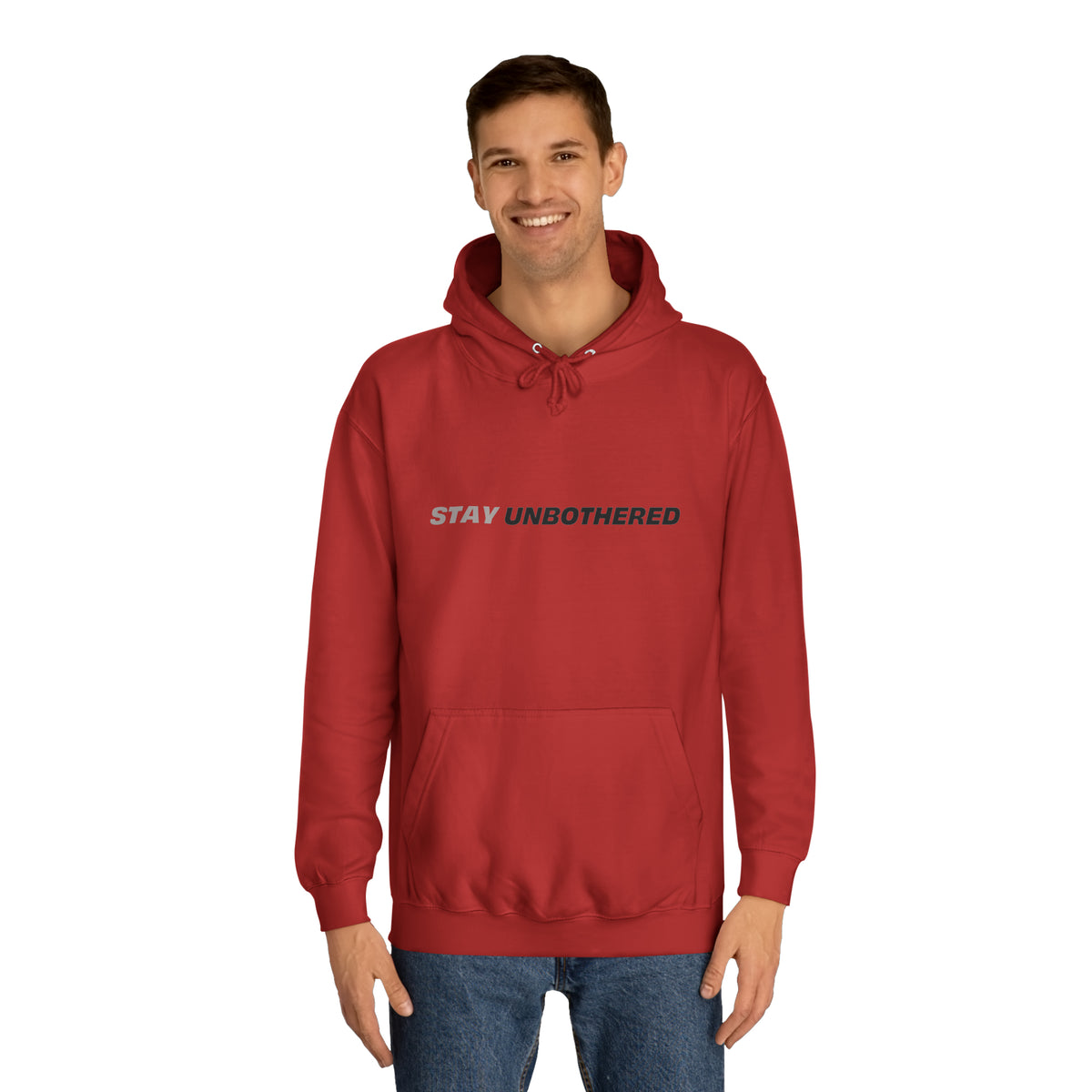 Male model wearing the red Stay Unbothered graphic pullover hoodie.