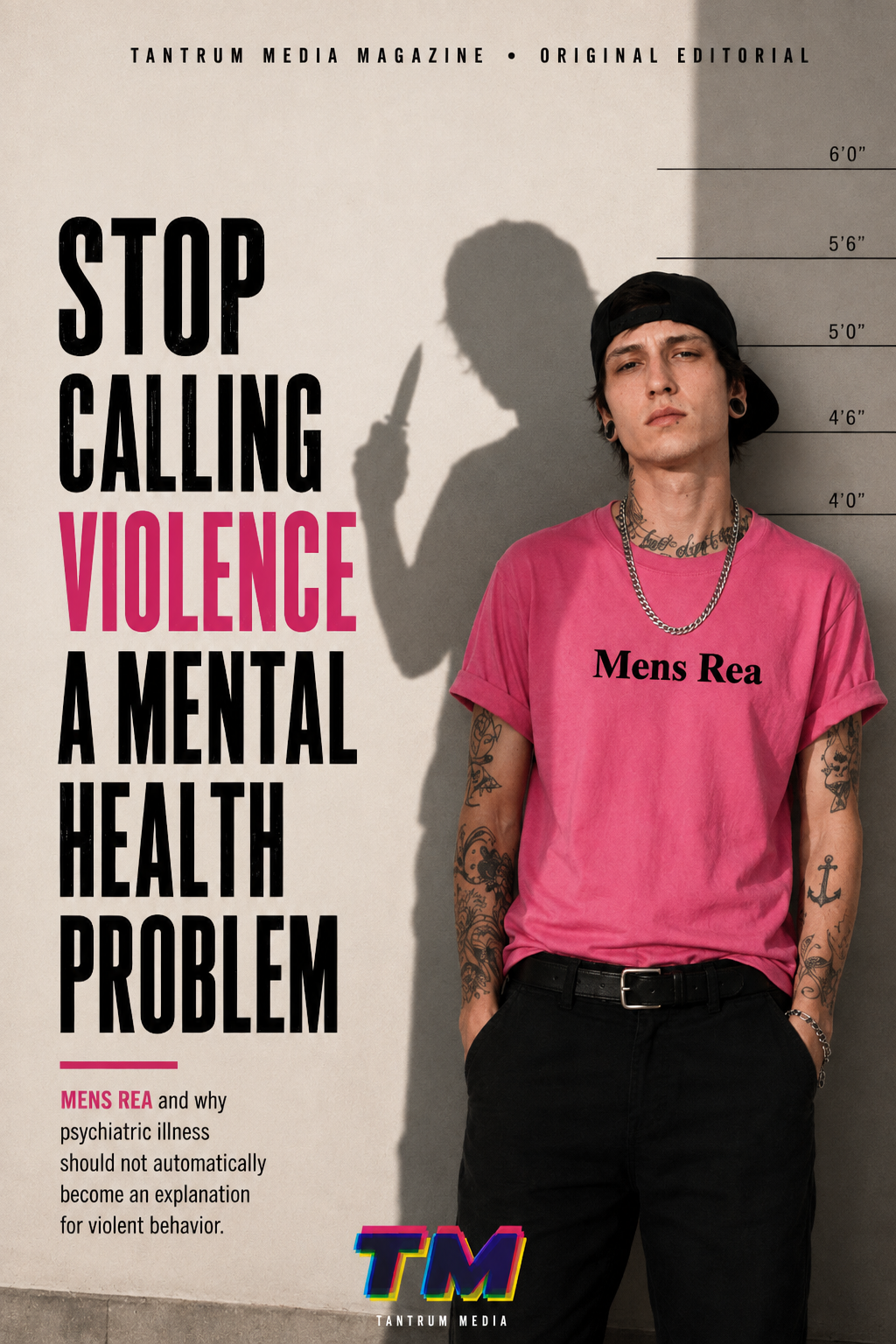 Young man in a pink Tantrum Media Store Mens Rea T-shirt with a knife-wielding shadow beside the title Stop Calling Violence a Mental Health Problem.