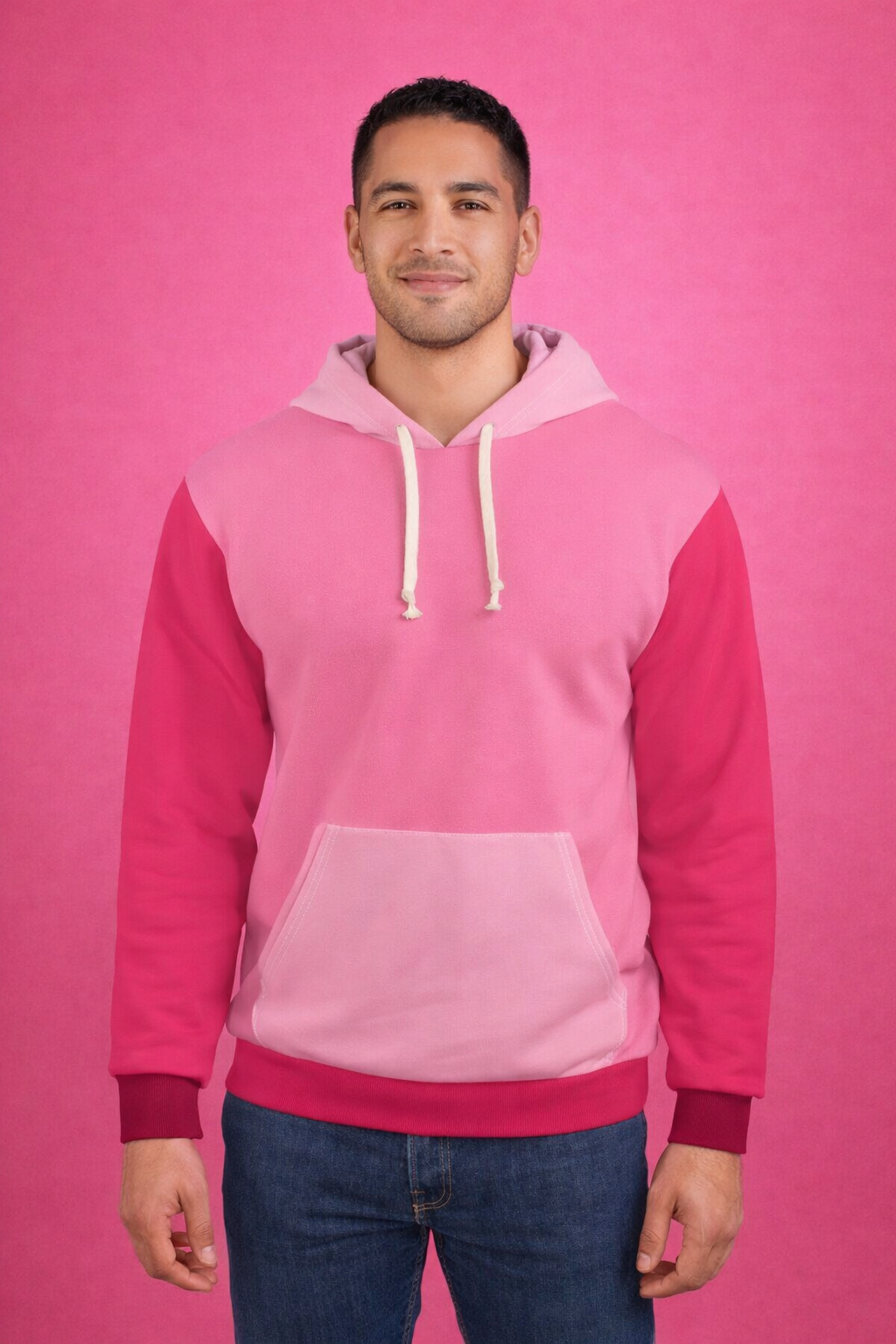 Man wearing strawberry pink unisex hoodie on pink background streetwear style front view