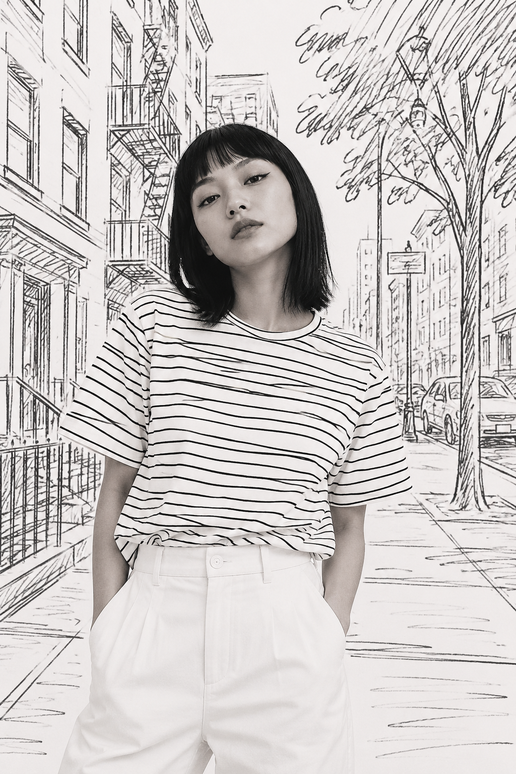 Editorial fashion portrait of woman wearing striped shirt and white pants in front of black and white New York City sketch illustration background