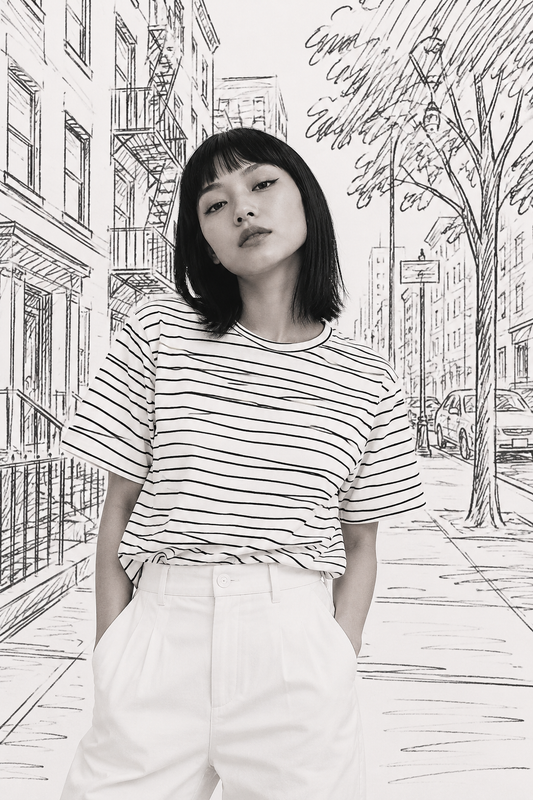 Editorial fashion portrait of woman wearing striped shirt and white pants in front of black and white New York City sketch illustration background
