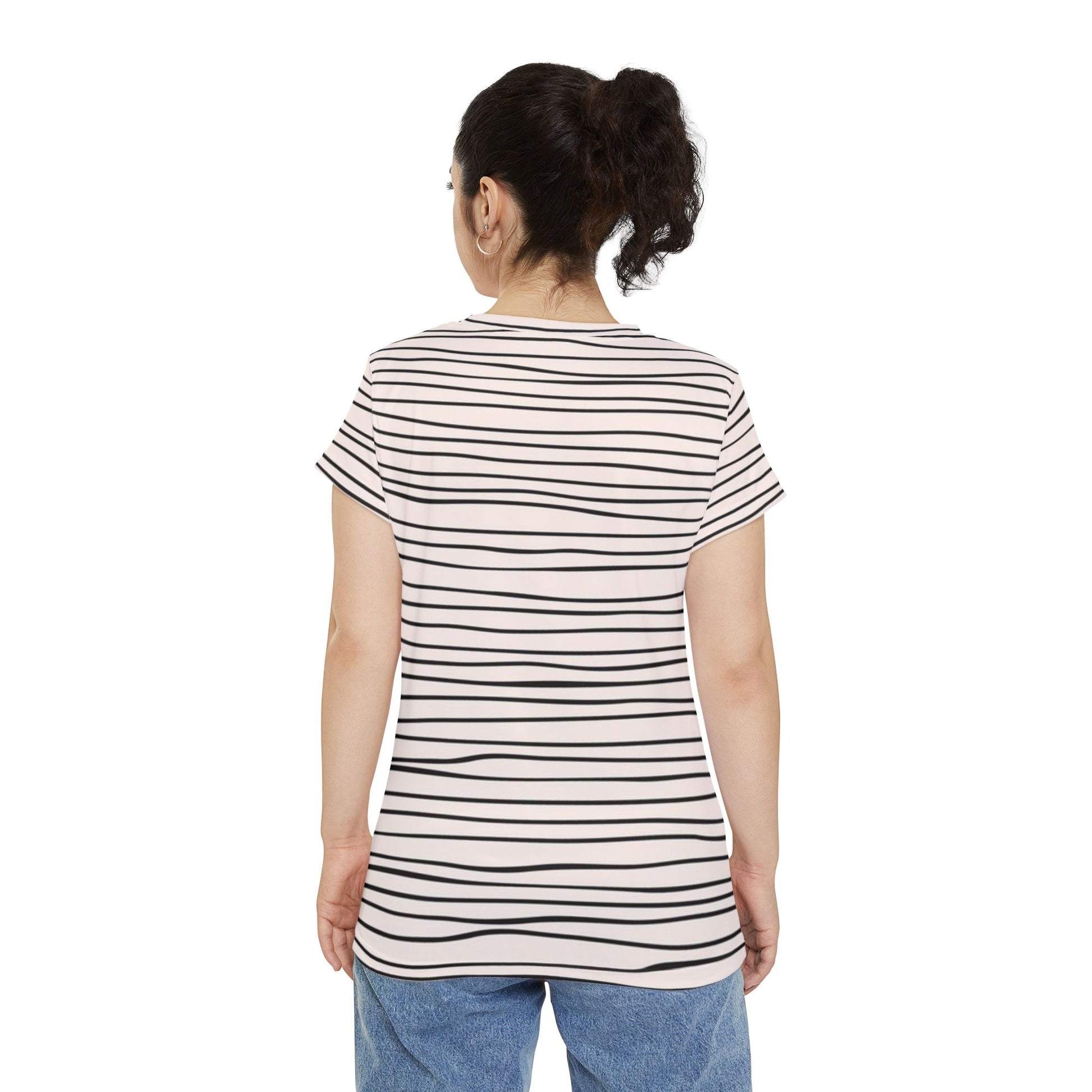 Black and white striped t shirt back view on model
