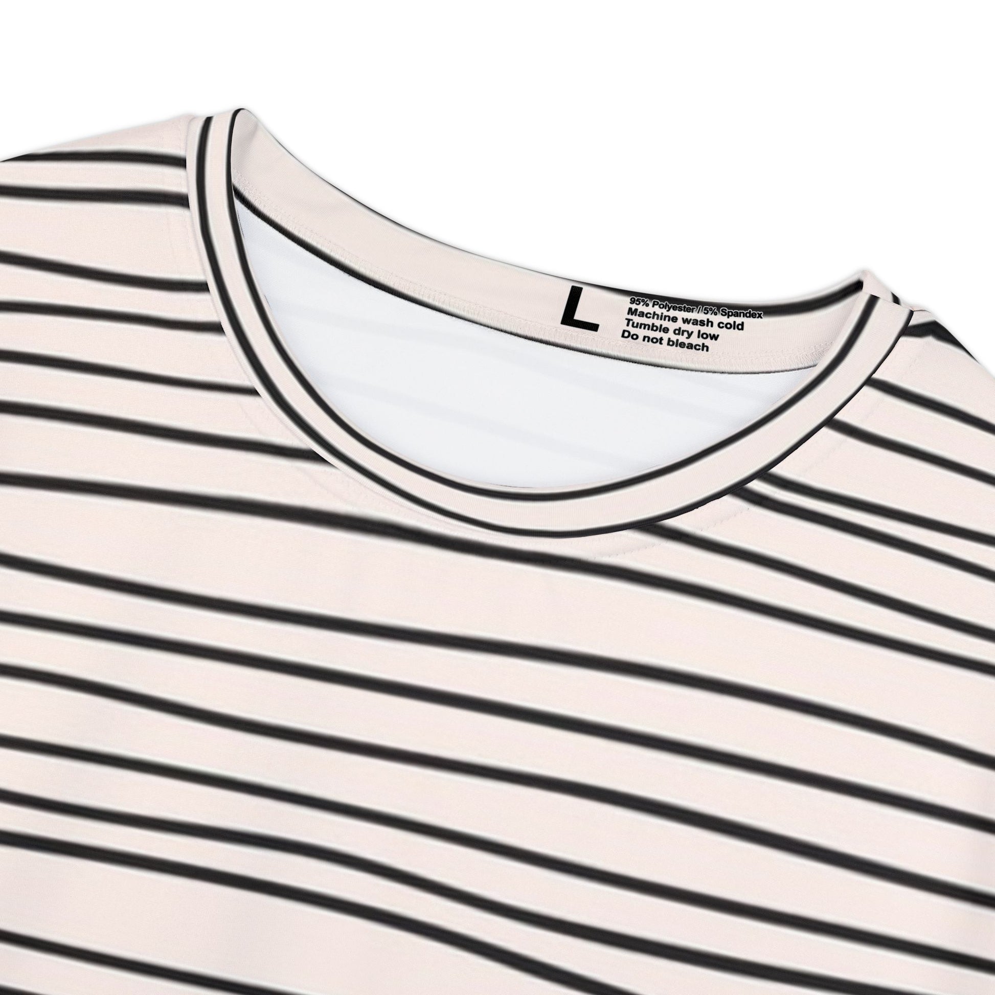 Close up detail of black and white striped t shirt showing neckline fabric texture and stripe pattern