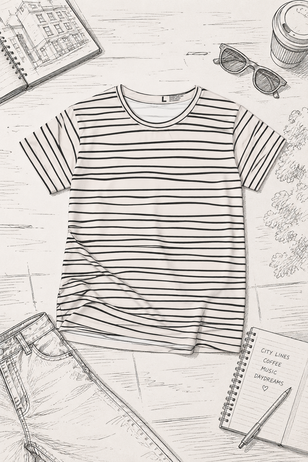 Editorial flat lay mockup of black and white striped t-shirt on hand drawn New York City sketch background with jeans, sunglasses, coffee cup, and notebook