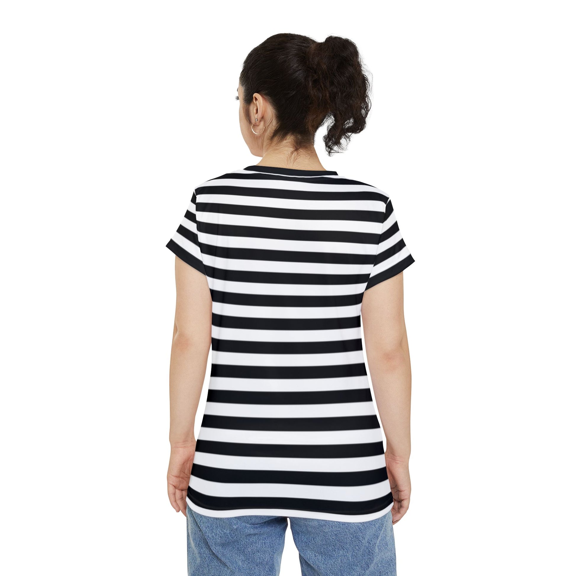 Black and white striped unisex t-shirt back view on female model