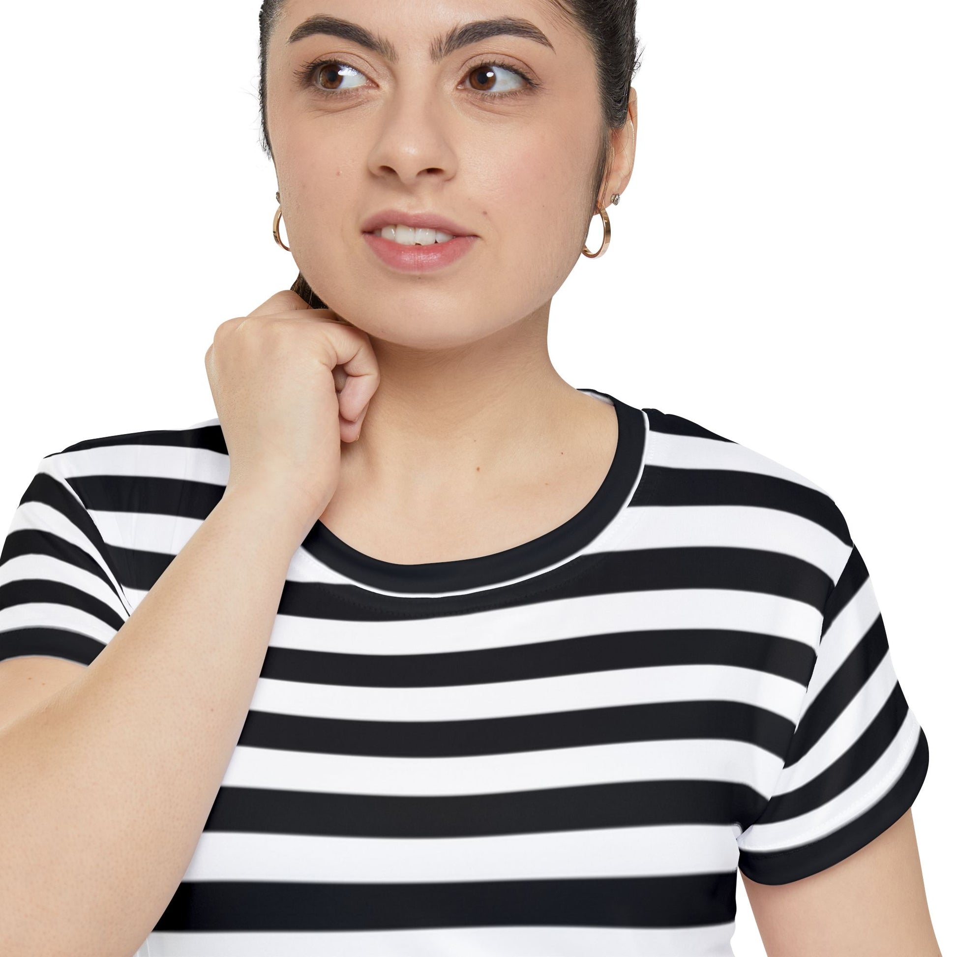 Close-up portrait of female model wearing black and white striped unisex t-shirt