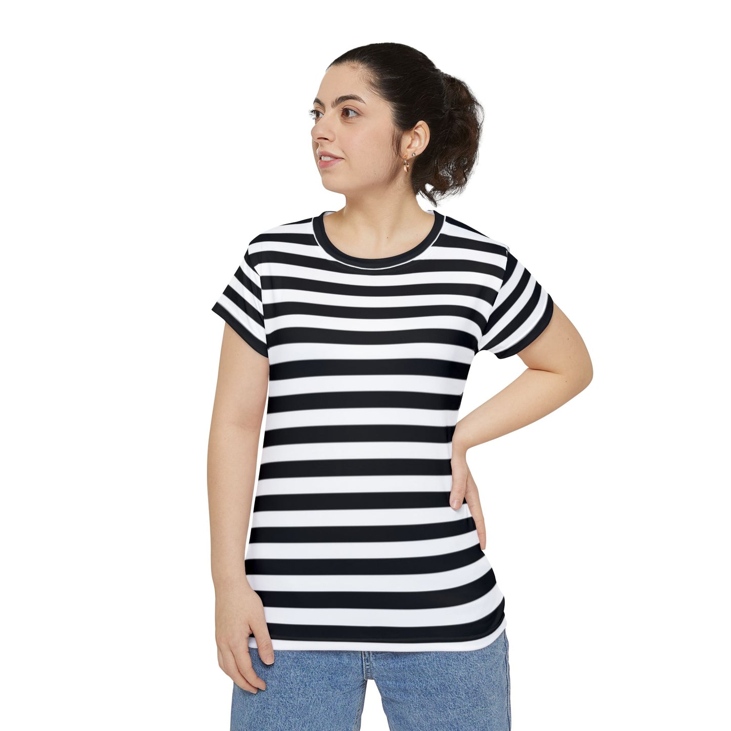 Female model wearing black and white striped unisex t-shirt front view