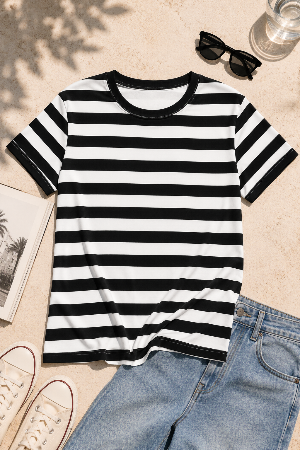 Black and white striped unisex t-shirt flat lay with denim jeans