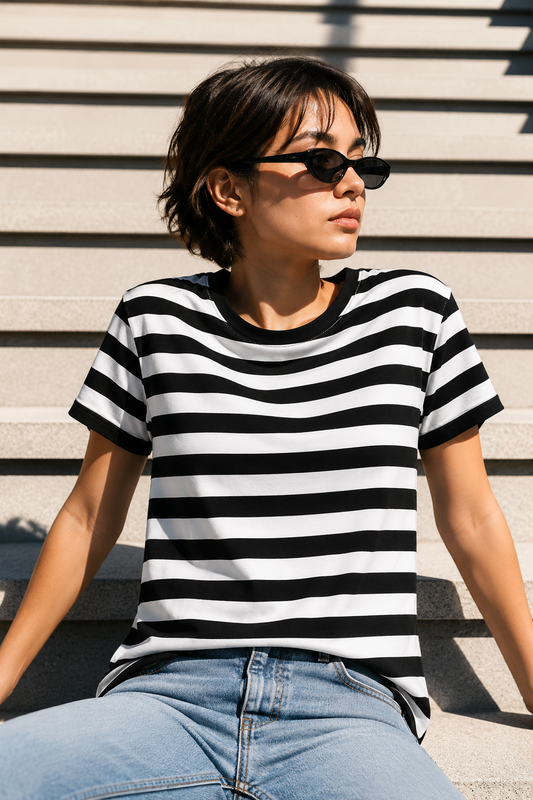 Female model wearing black and white striped unisex t-shirt sitting on outdoor stairs