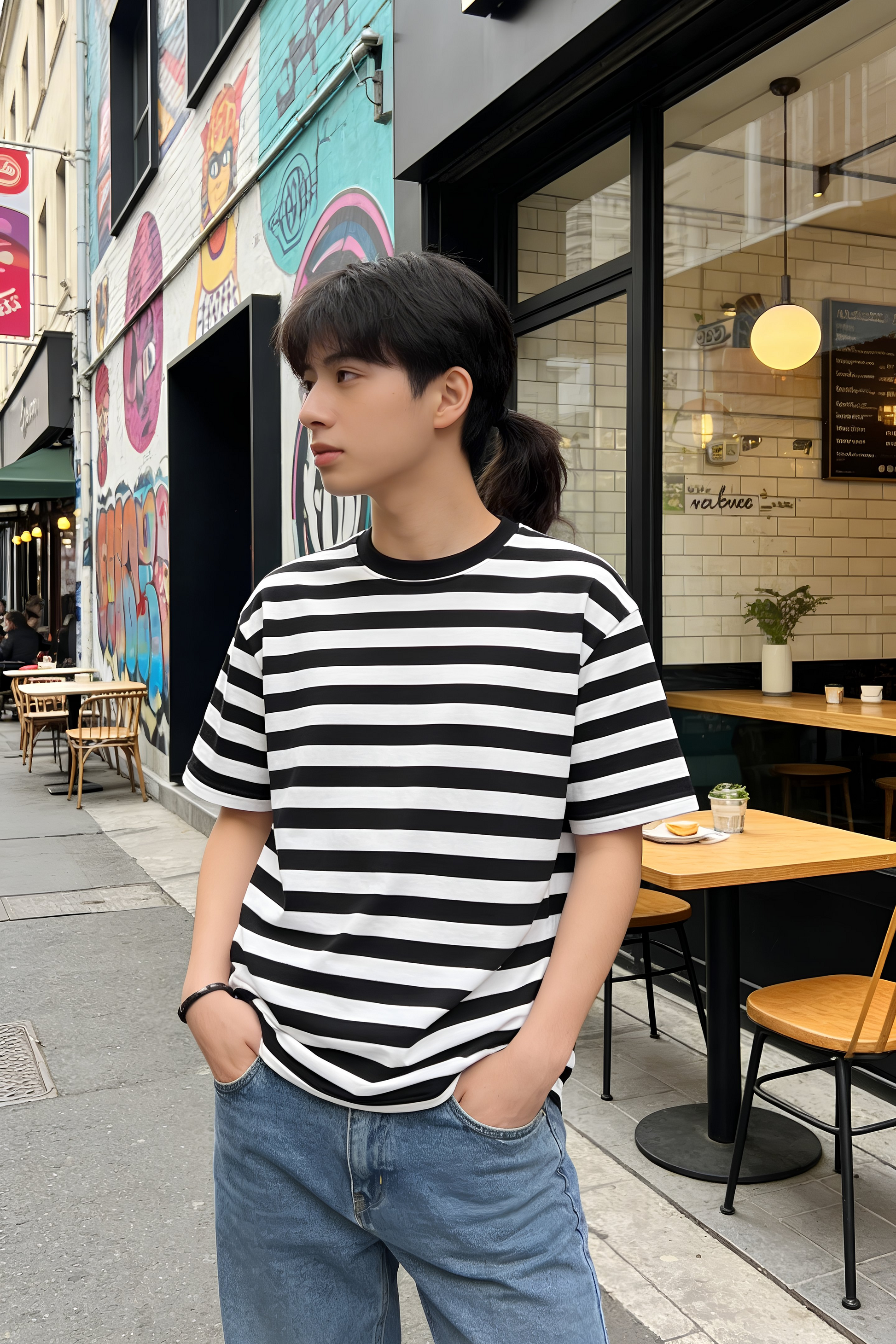 Young model wearing black and white striped t-shirt in urban street style scene
6. Close-up portrait