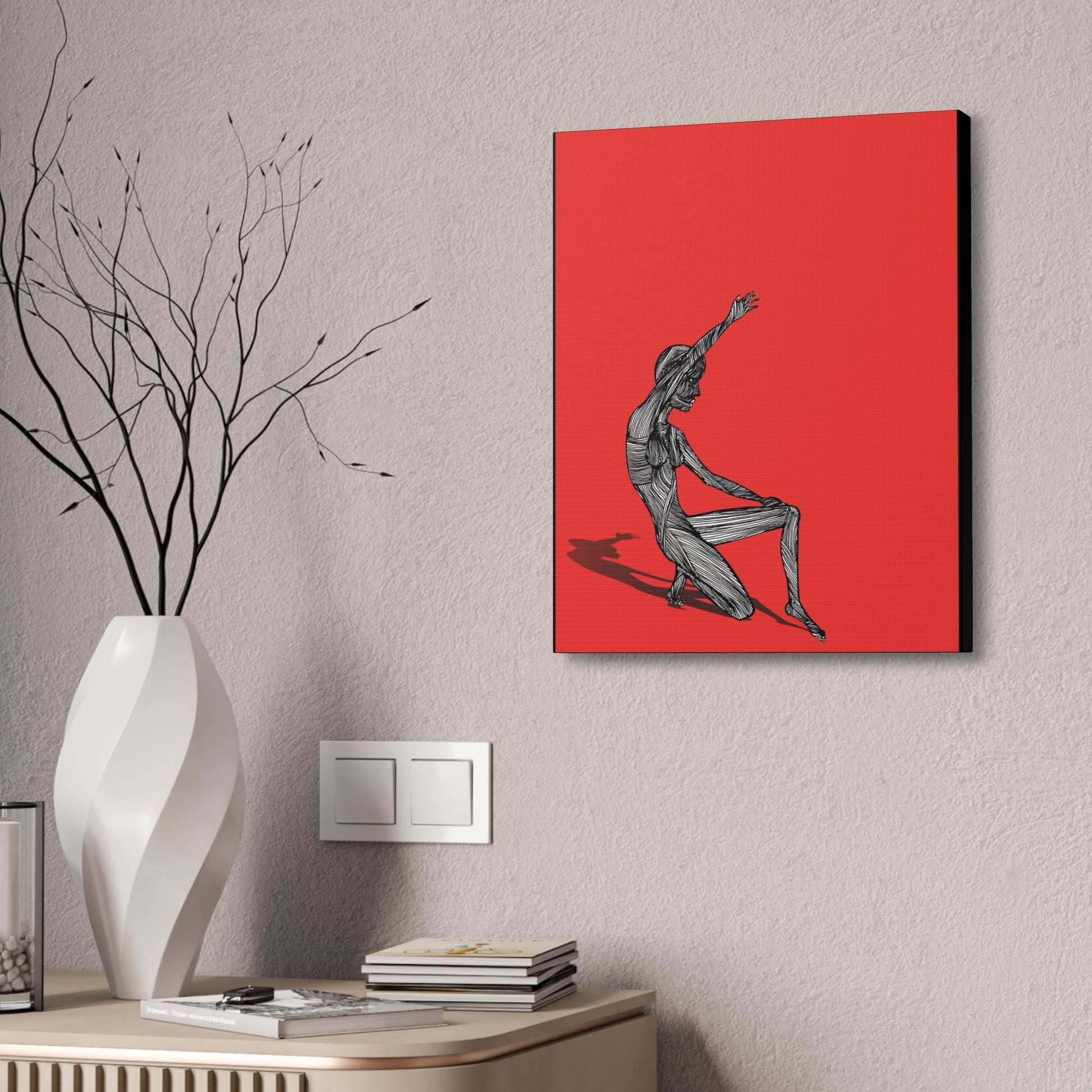 “Stripped” original hand-drawn canvas wall art displayed in a neutral modern apartment interior