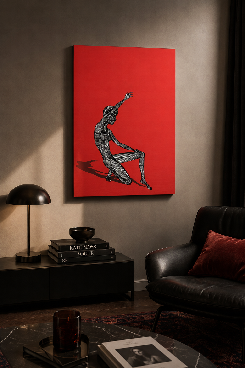 Cinematic interior mockup of “Stripped” red canvas artwork by indie NYC artist @socialtantrum