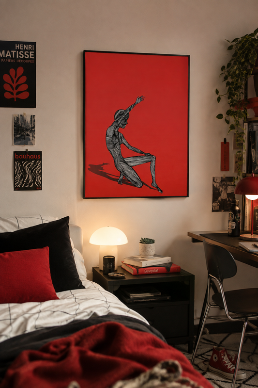 “Stripped” red canvas wall art by NYC artist @socialtantrum displayed in a stylish college dorm room