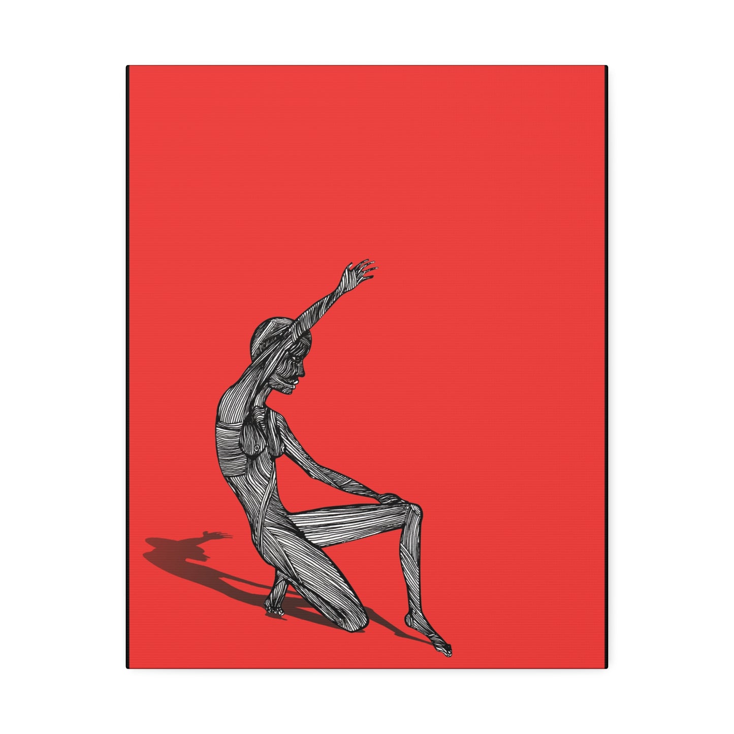 Front view of “Stripped” 16 x 20 red canvas wall art featuring original hand-drawn figurative artwork