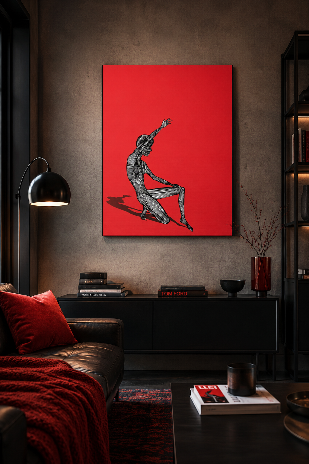 “Stripped” original red canvas wall art displayed in a modern young adult apartment