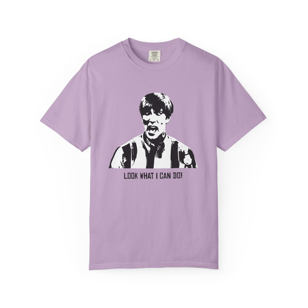 Front view of the lavender Tantrum Media Stuart MadTV Unisex T-Shirt with a black-and-white portrait and “Look What I Can Do!” lettering.