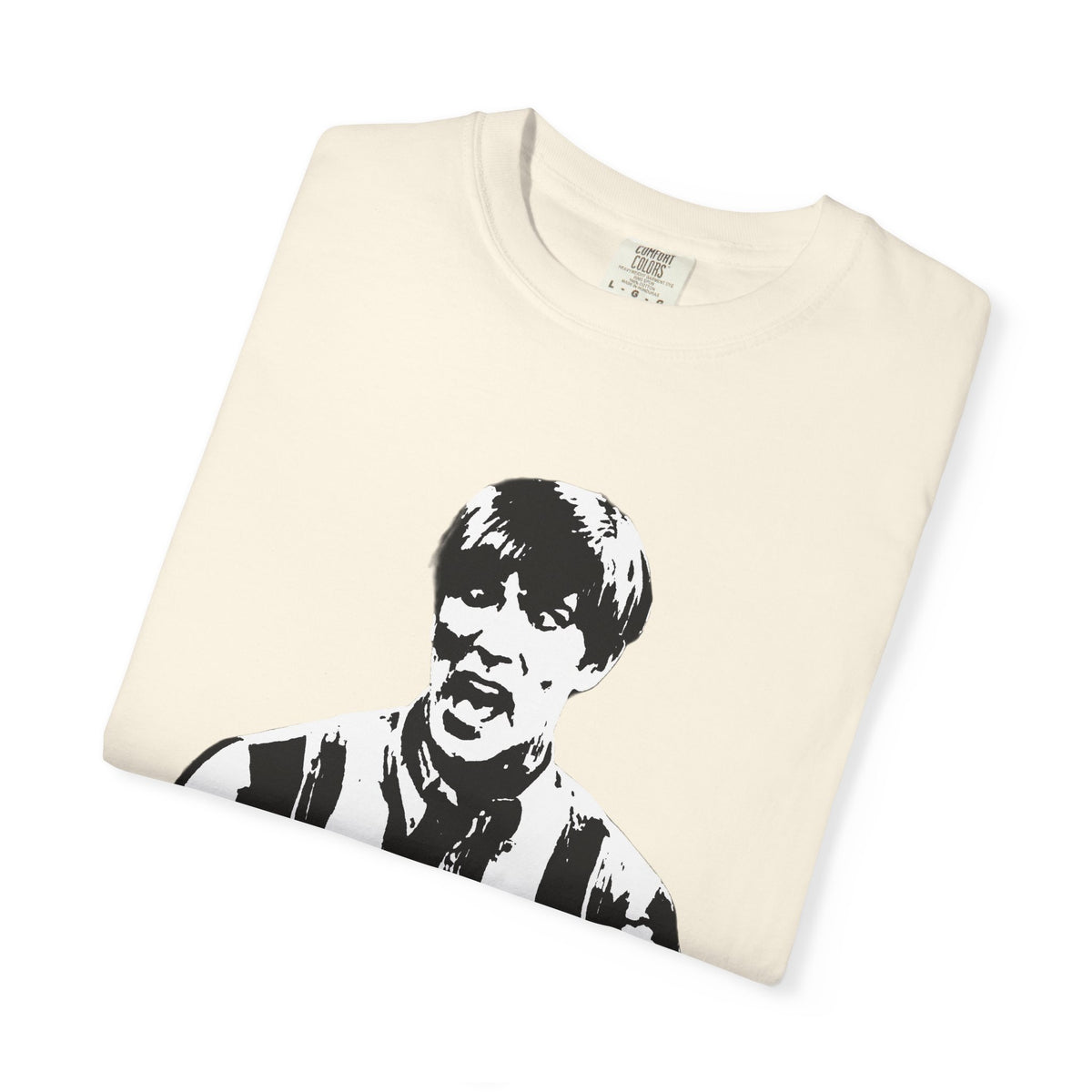 Folded natural white Tantrum Media Stuart MadTV Unisex T-Shirt showing the crew neckline and black-and-white portrait print.