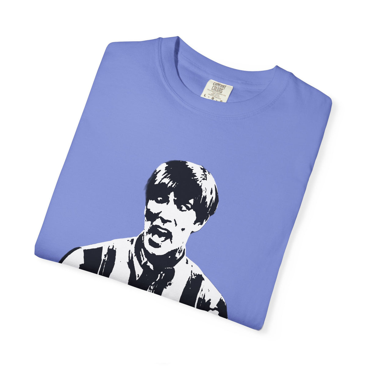 Folded periwinkle blue Tantrum Media Stuart MadTV Unisex T-Shirt showing the neckline and a close view of Stuart’s portrait.