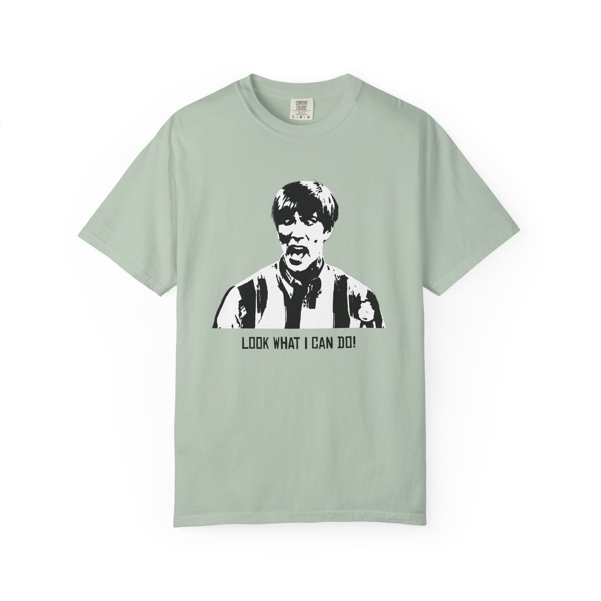 Front view of the sage green Tantrum Media Stuart MadTV Unisex T-Shirt with Stuart’s portrait and printed catchphrase.