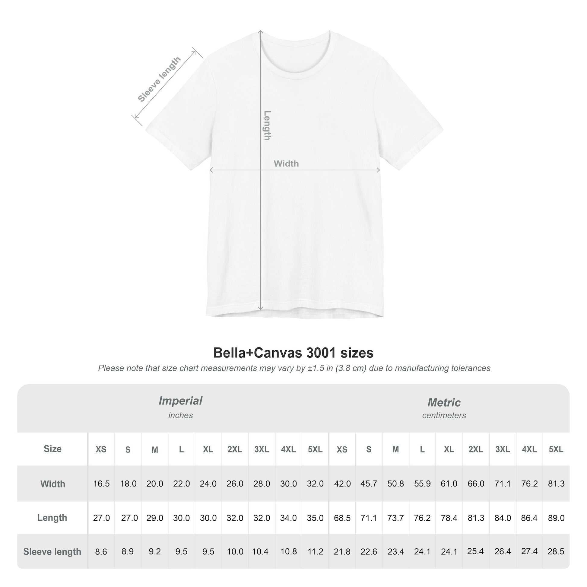 SUE ME graphic T-shirt size guide and Bella Canvas measurements chart