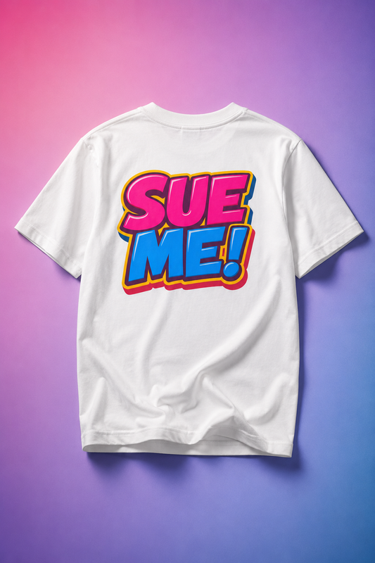 White SUE ME back graphic T-shirt on colorful pastel gradient background studio mockup