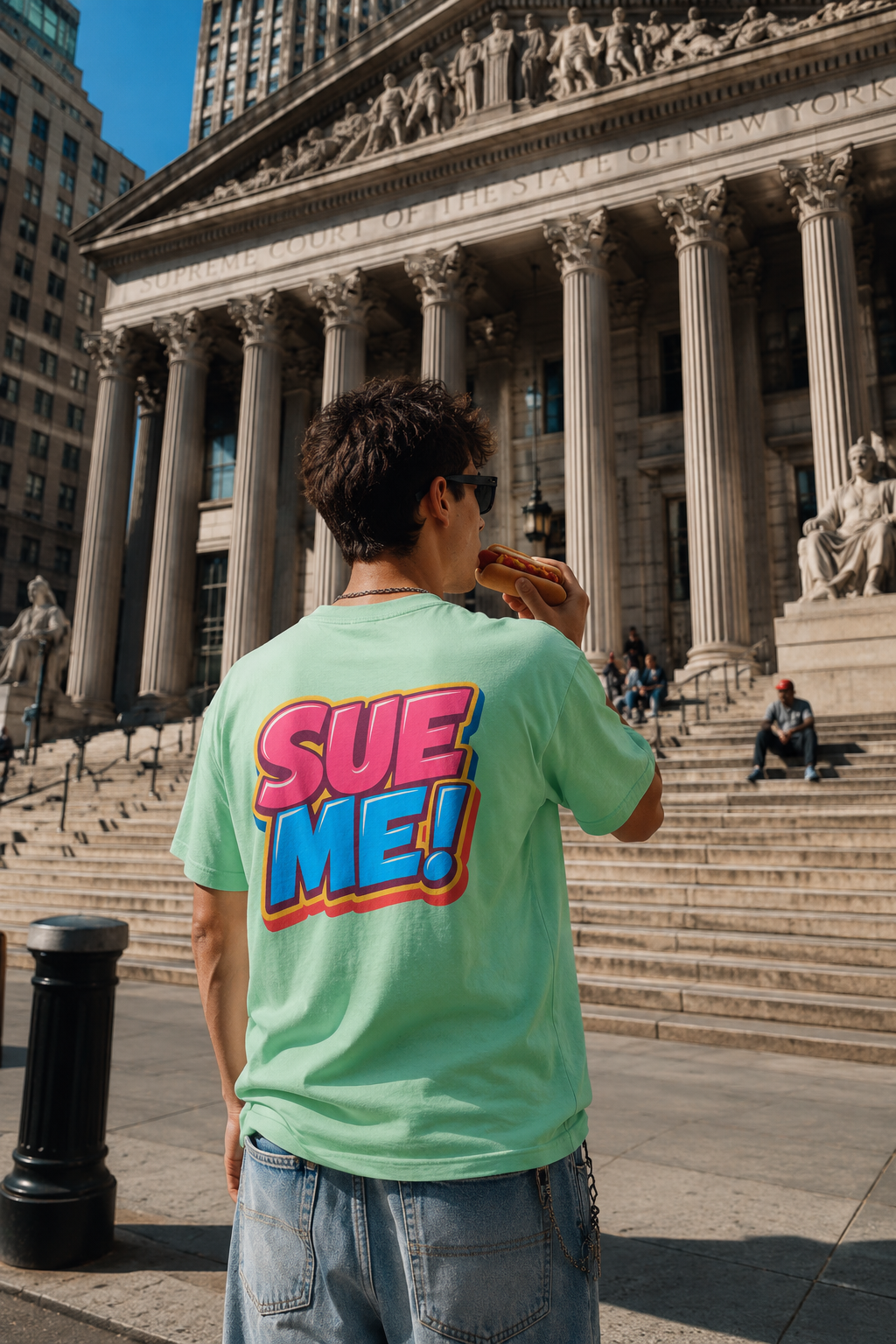 Gen Z man wearing mint SUE ME Legal Collection T-shirt outside NYC Supreme Court