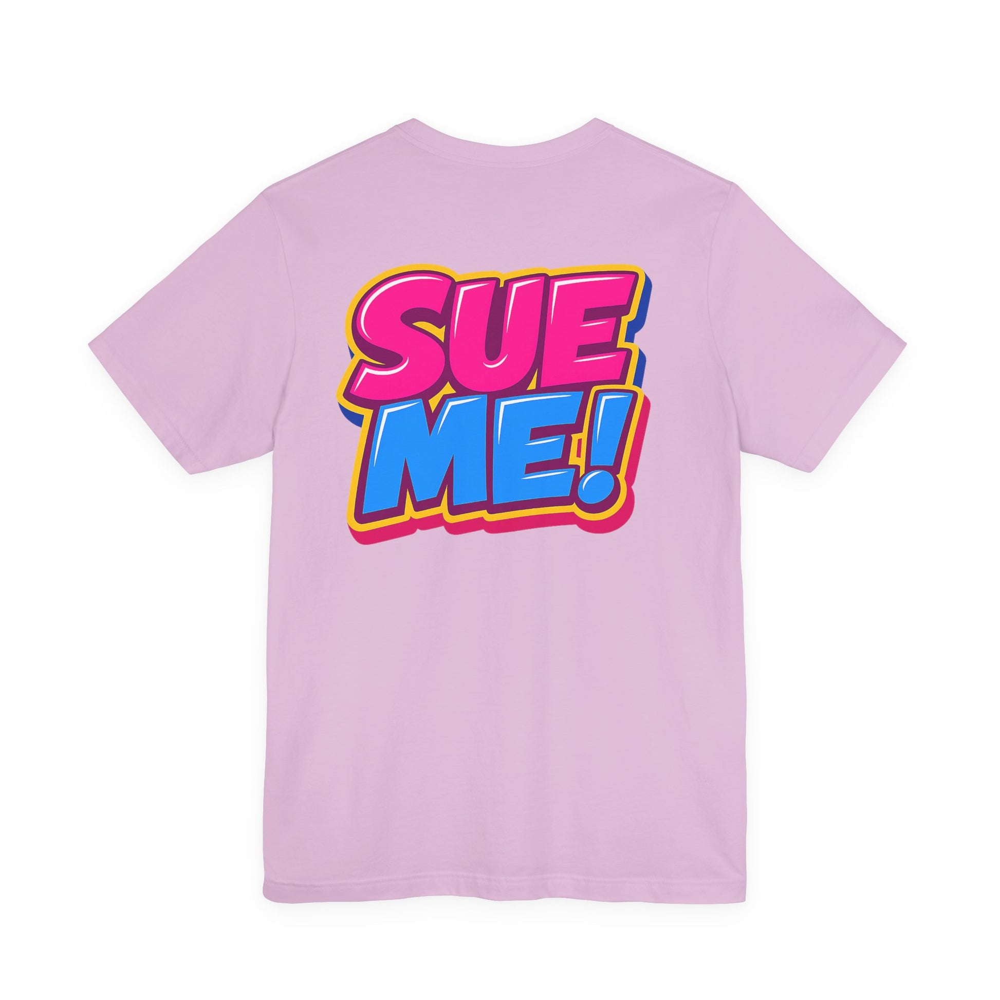 Lilac SUE ME pop-art legal humor graphic T-shirt