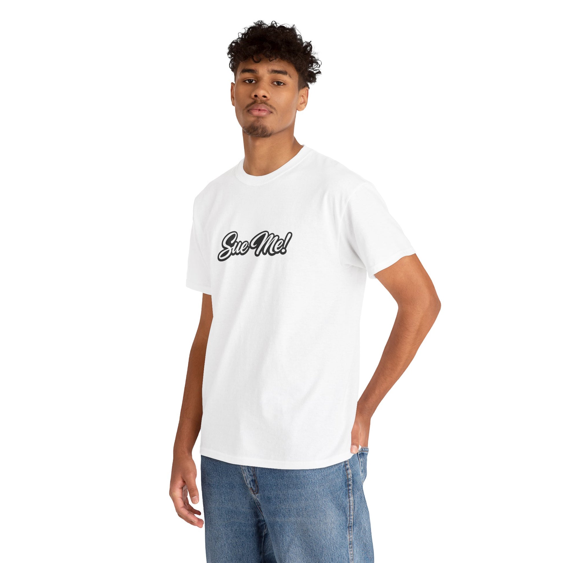Male model wearing white Sue Me script graphic T-shirt streetwear mockup