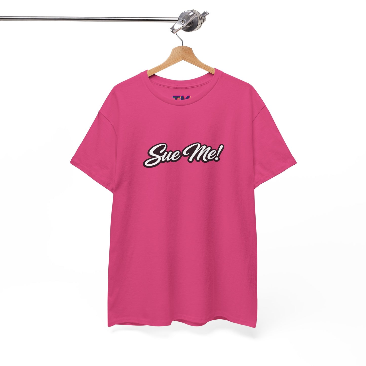 Pink Sue Me slogan T-shirt with vintage script typography