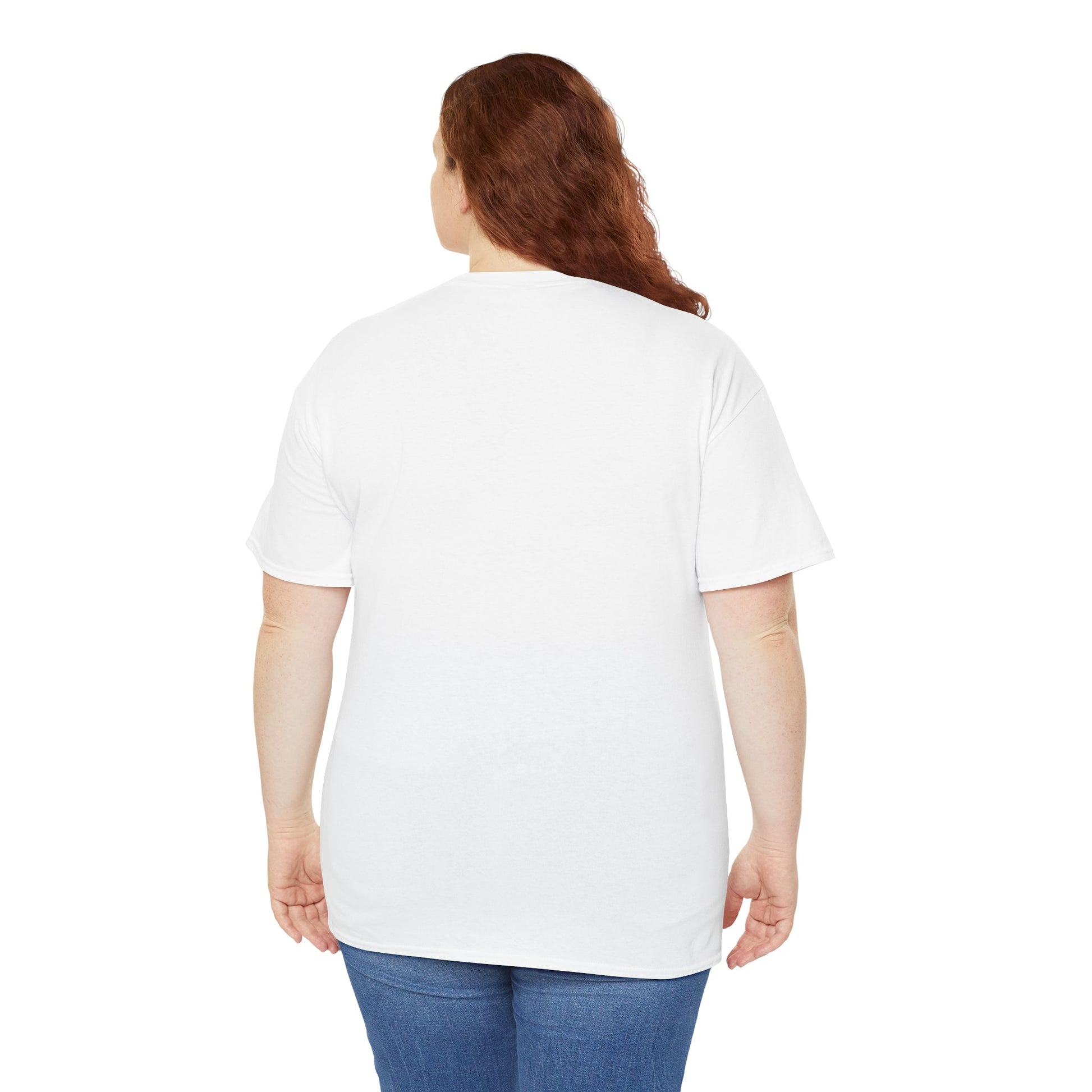 Back view of female model wearing white Sue Me graphic T-shirt