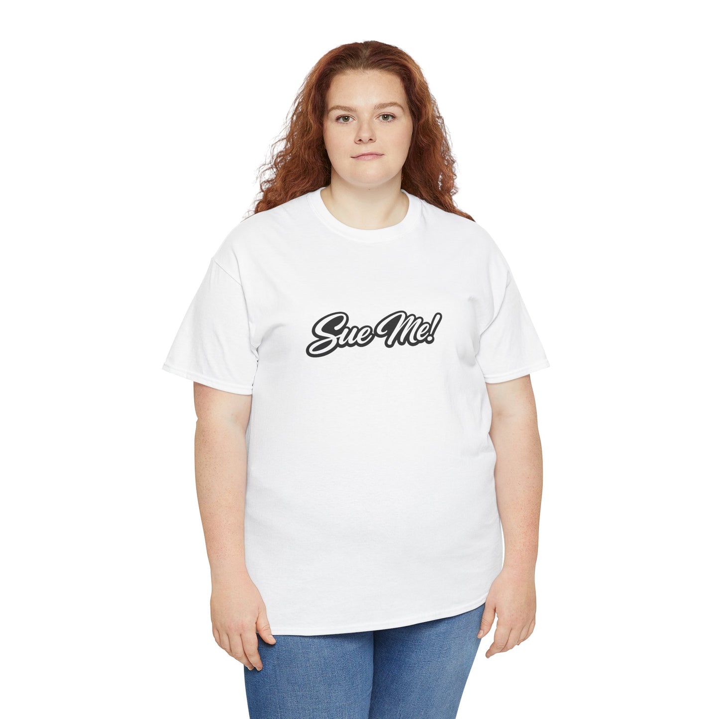 Female model wearing white Sue Me minimalist slogan graphic T-shirt