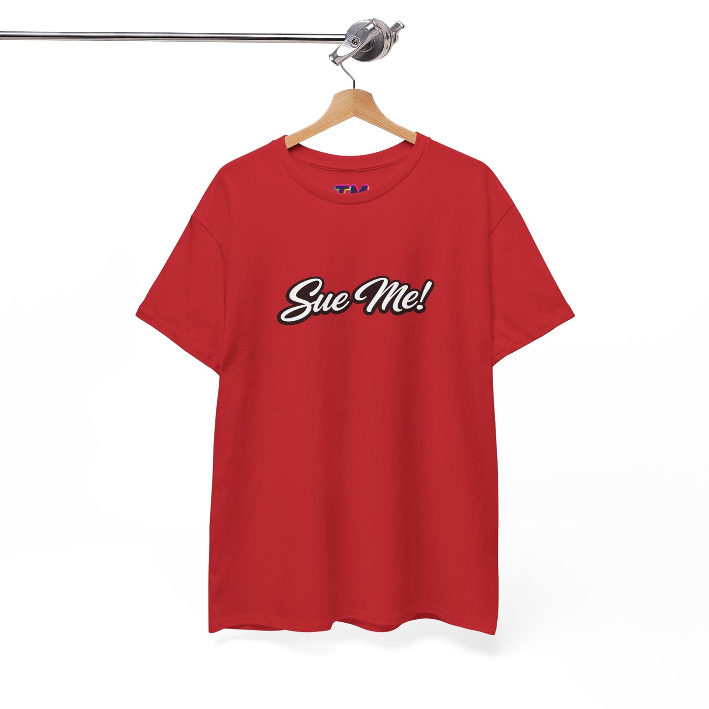 Red Sue Me script logo T-shirt with minimalist front graphic print