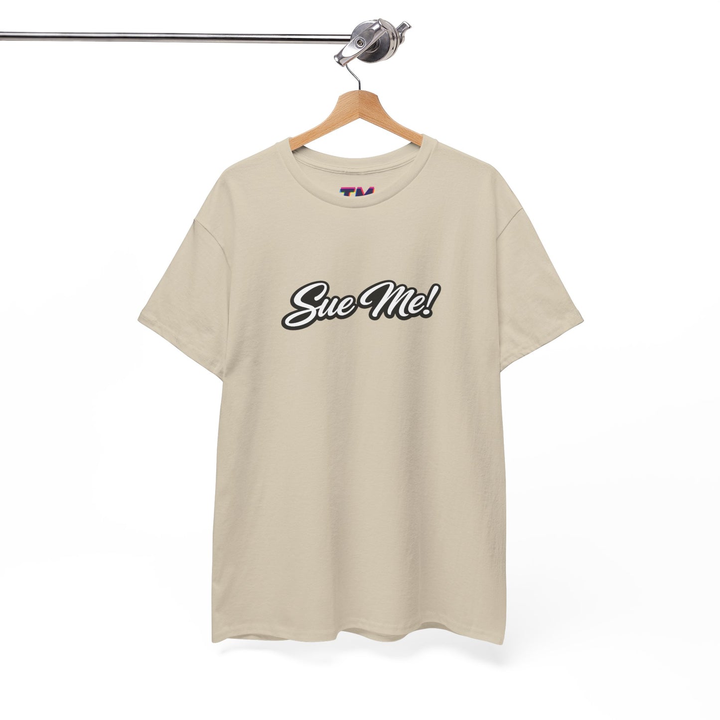 Soft cream Sue Me script graphic T-shirt from the Legal Collection