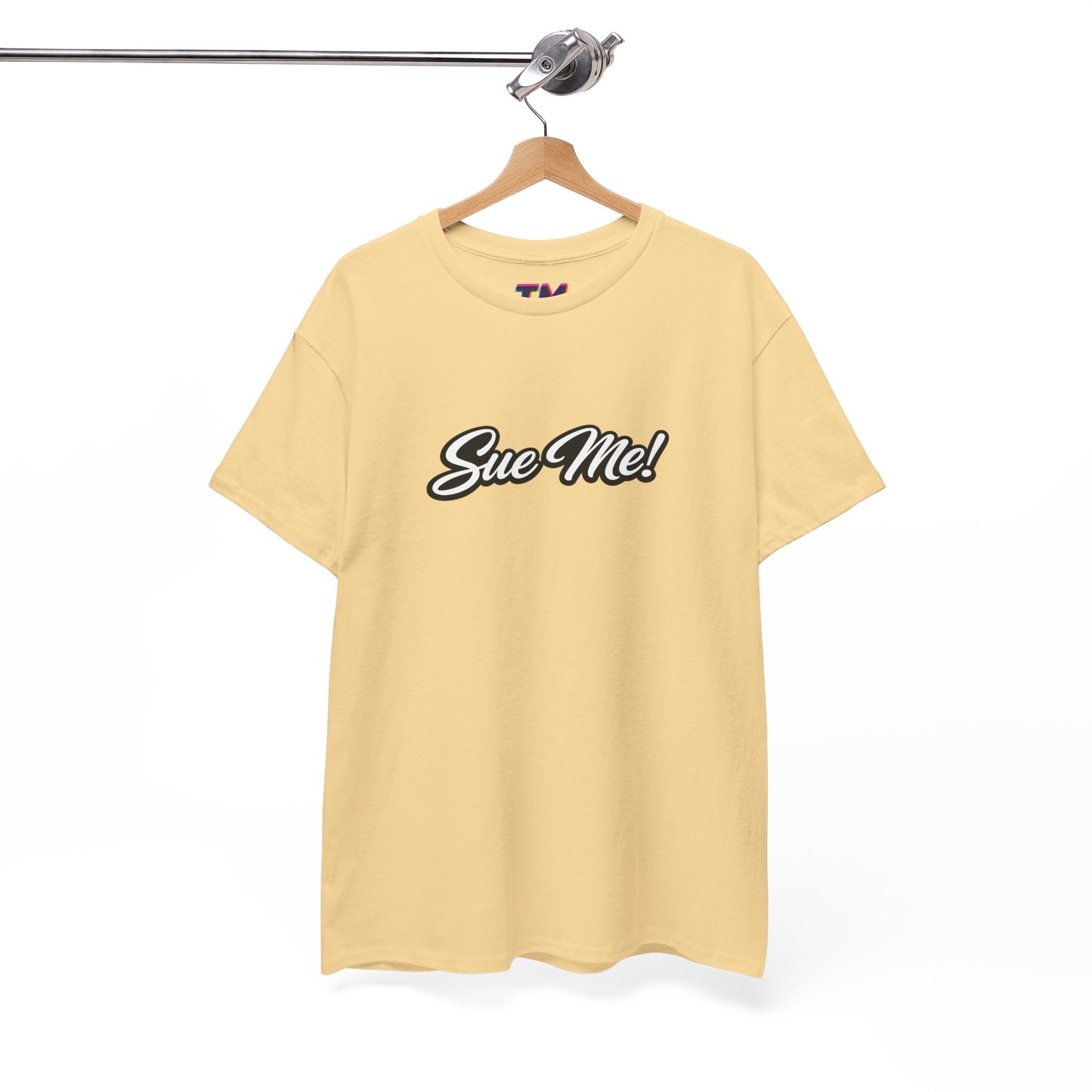 Soft yellow Sue Me script graphic T-shirt with minimalist legal humor design
