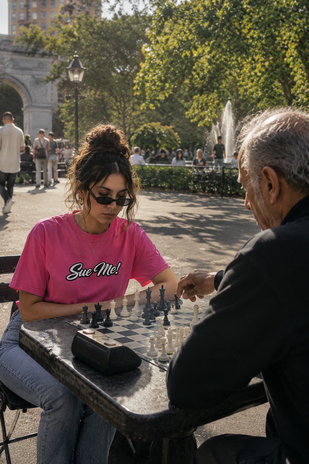 Gen Z woman wearing pink Sue Me graphic T-shirt playing chess in Washington Square Park NYC