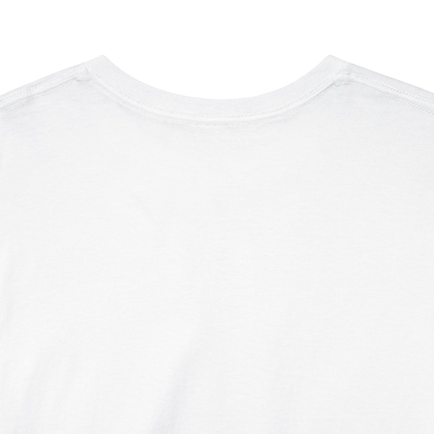 Blank back view of white Sue Me graphic T-shirt