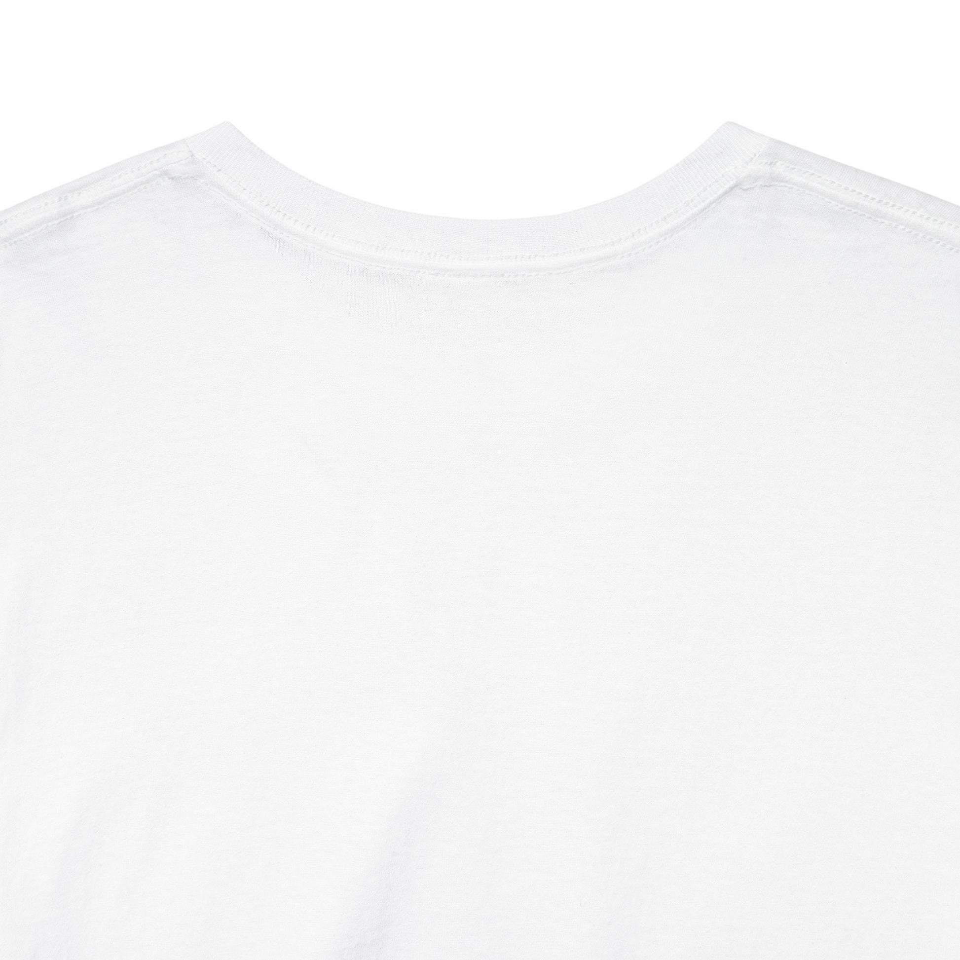 Blank back view of white Sue Me graphic T-shirt