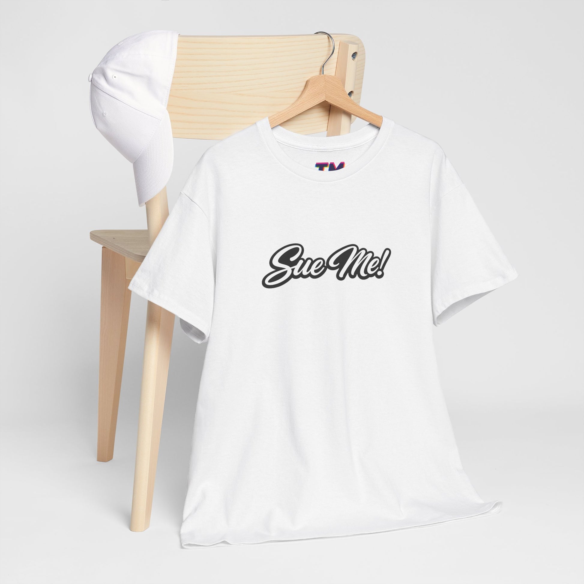 White Sue Me script logo T-shirt minimalist studio lifestyle mockup