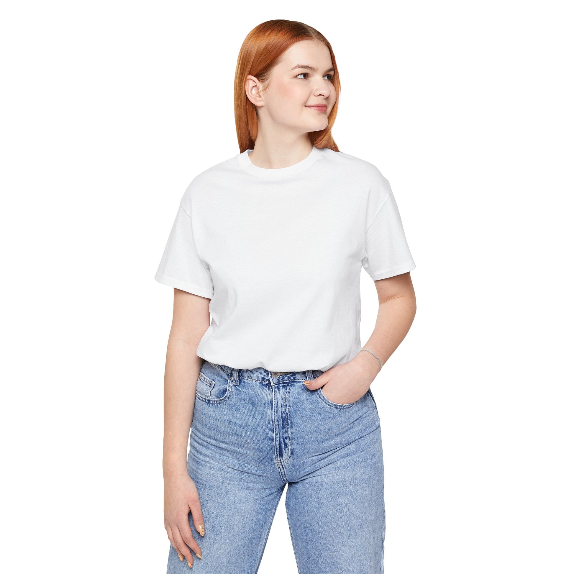 Female model wearing white SUE ME oversized back graphic T-shirt